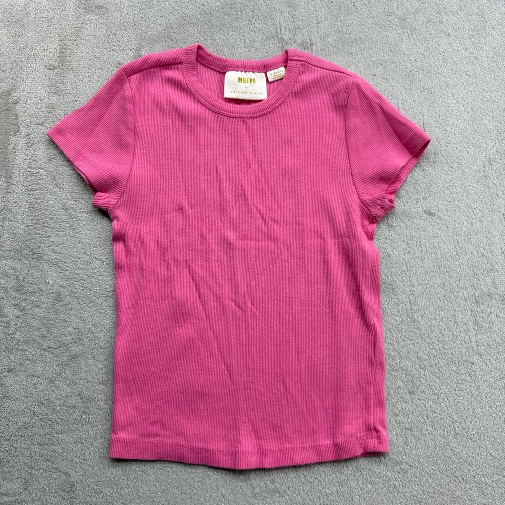 Maeve Ribbed Tee Women XS Pink Short Sleeve Crew Neck Cotton Blend Preppy Basic